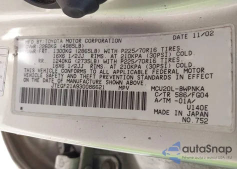 2003 Toyota Highlander V6 z USA, uszkodzony, nr VIN JTEGF21A930086621